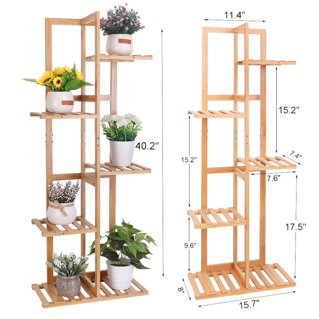 Wooden plant stand with plants and dimensions on a white background